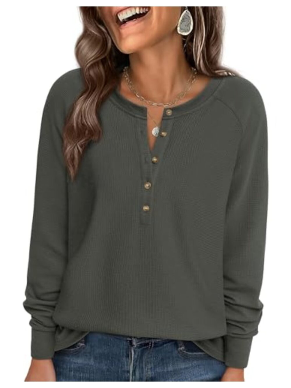 Waffle Knit Henley Top Long Sleeve Relaxed Fit Tunics